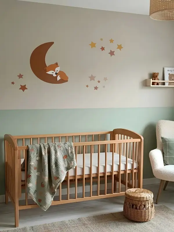 Behangsticker vosje op maan in een lichtgroene babykamer